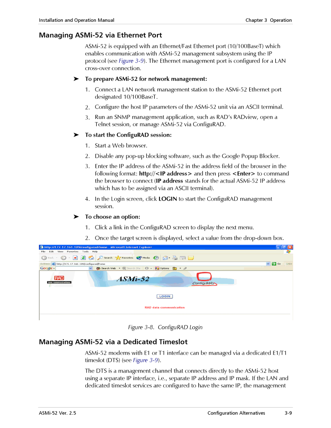 RAD Data comm manual Managing ASMi-52 via Ethernet Port, Managing ASMi-52 via a Dedicated Timeslot 