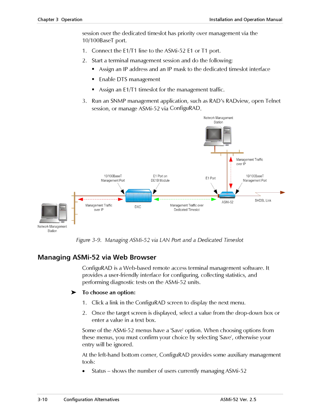 RAD Data comm manual Managing ASMi-52 via Web Browser, Managing ASMi-52 via LAN Port and a Dedicated Timeslot 