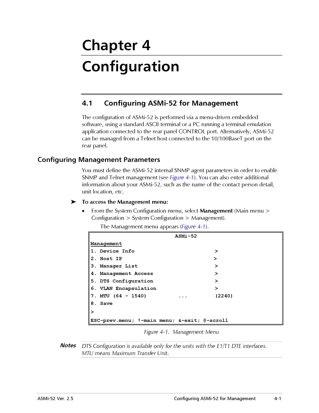 RAD Data comm Configuring ASMi-52 for Management, Configuring Management Parameters, To access the Management menu 