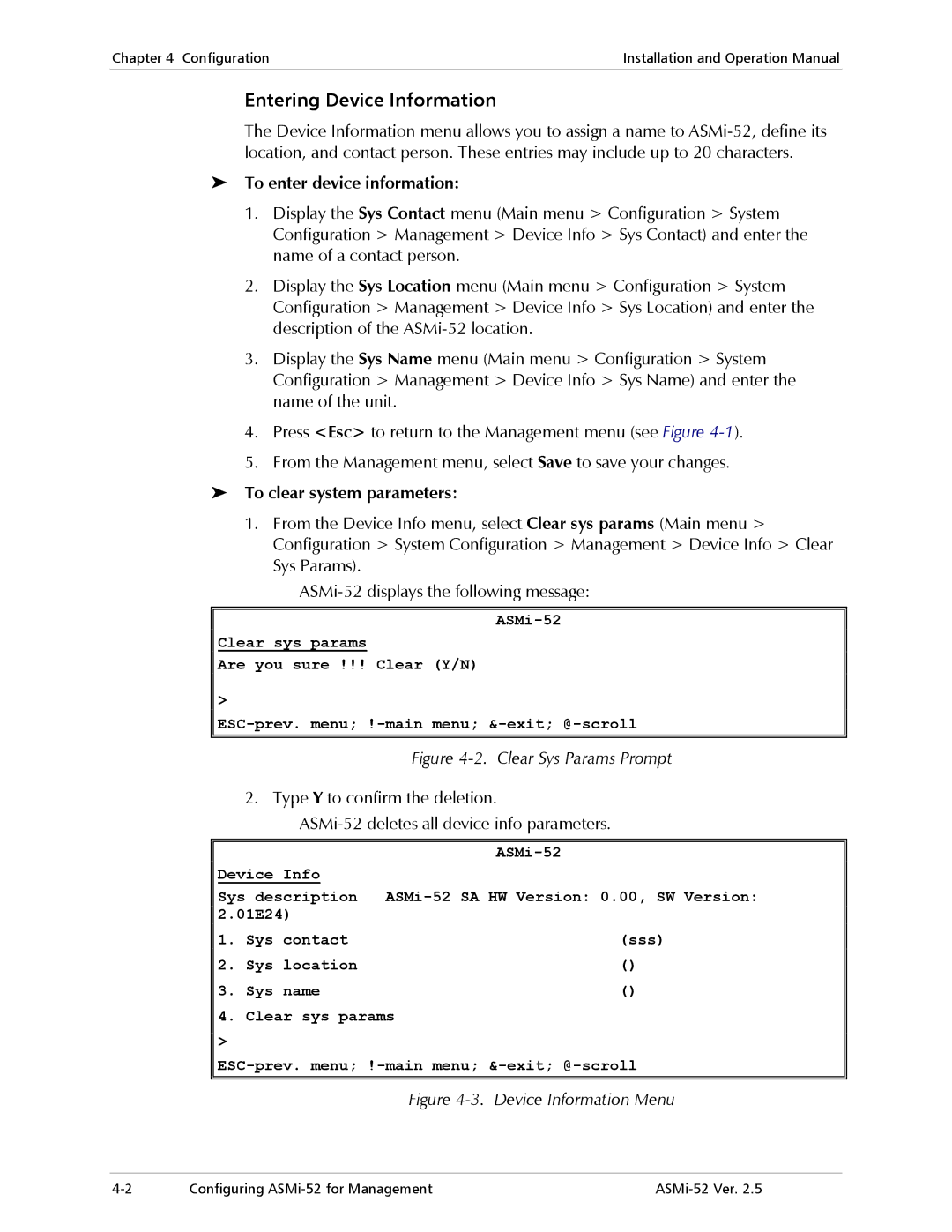 RAD Data comm ASMi-52 manual Entering Device Information, To enter device information, To clear system parameters 