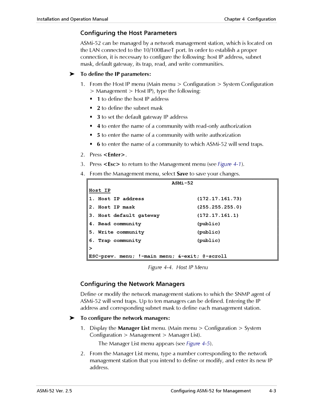 RAD Data comm ASMi-52 manual Configuring the Host Parameters, Configuring the Network Managers, To define the IP parameters 