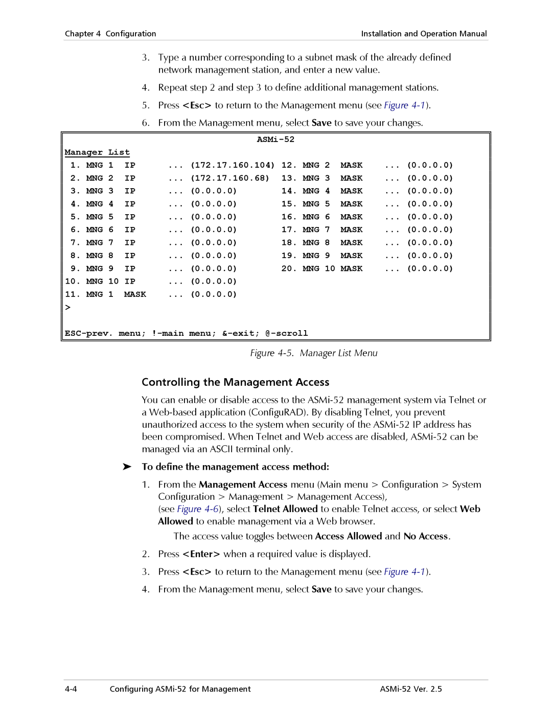 RAD Data comm ASMi-52 manual Controlling the Management Access, To define the management access method 