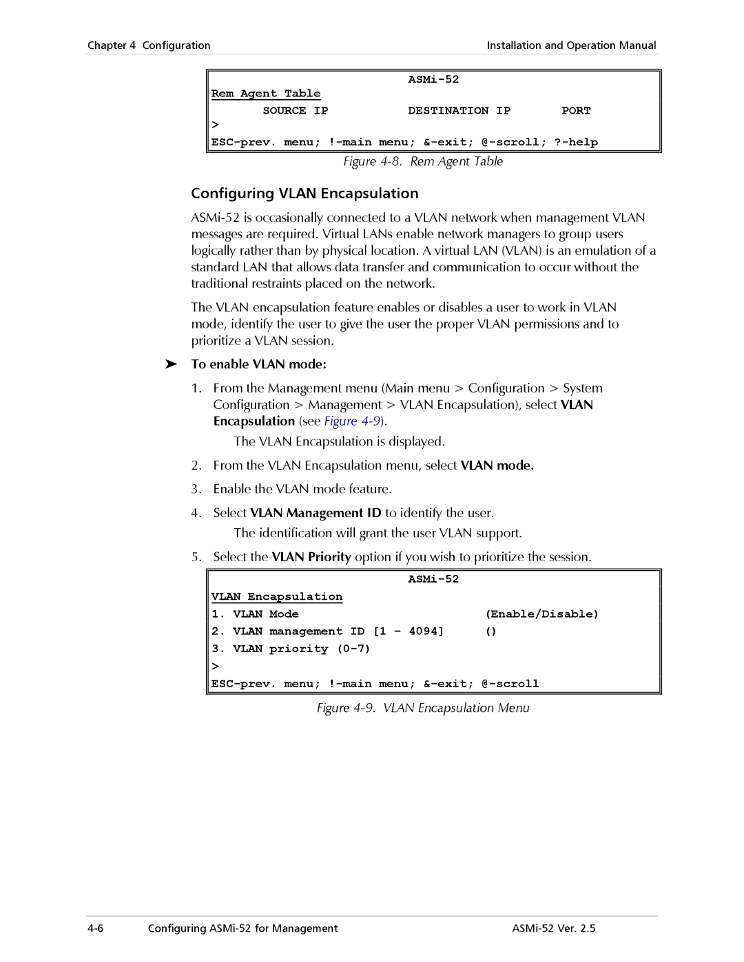 RAD Data comm ASMi-52 manual Configuring Vlan Encapsulation, To enable Vlan mode 