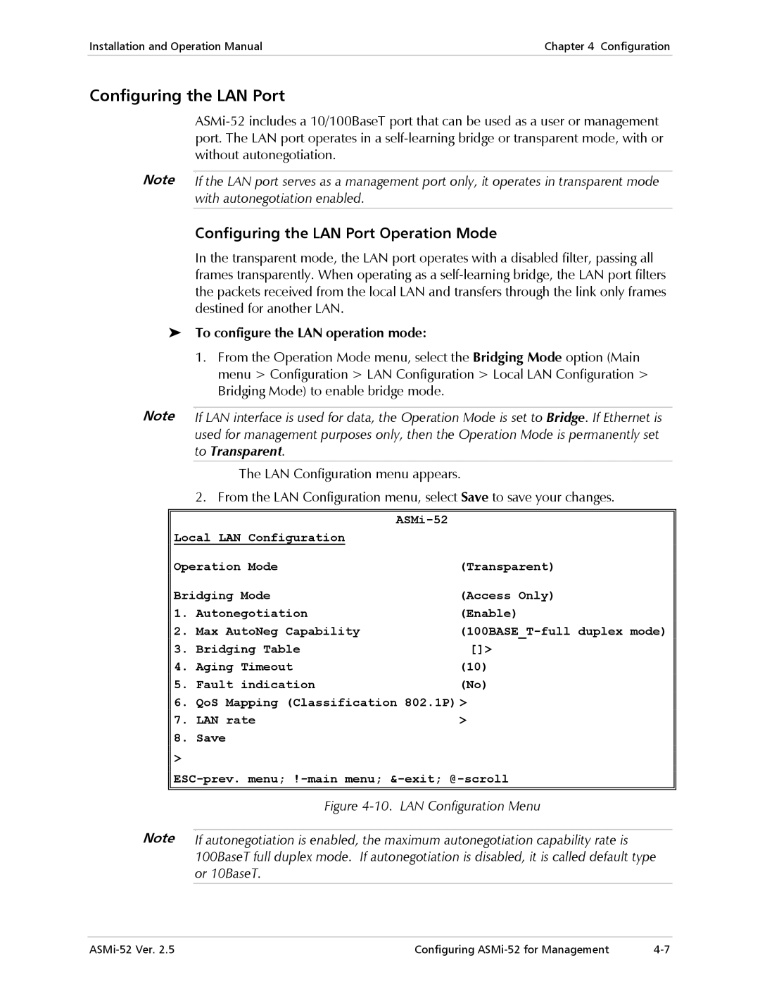 RAD Data comm ASMi-52 manual Configuring the LAN Port Operation Mode, With autonegotiation enabled 