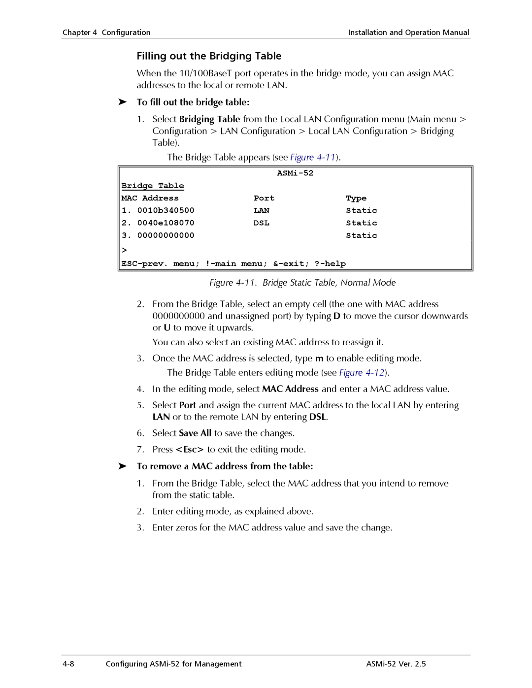 RAD Data comm ASMi-52 Filling out the Bridging Table, To fill out the bridge table, To remove a MAC address from the table 