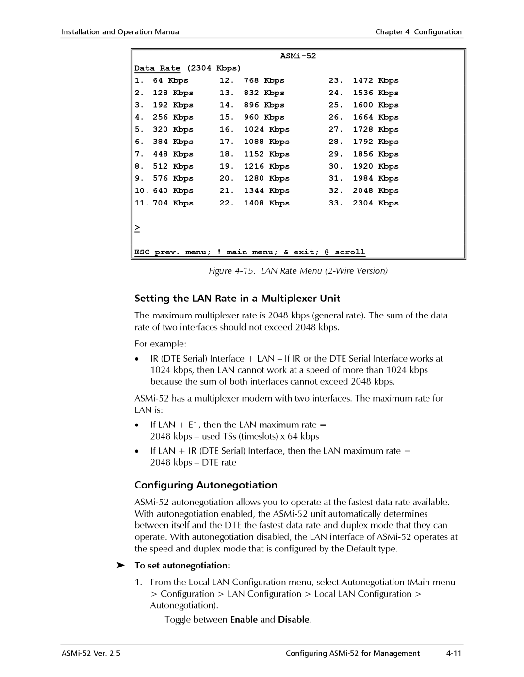 RAD Data comm ASMi-52 Setting the LAN Rate in a Multiplexer Unit, Configuring Autonegotiation, To set autonegotiation 