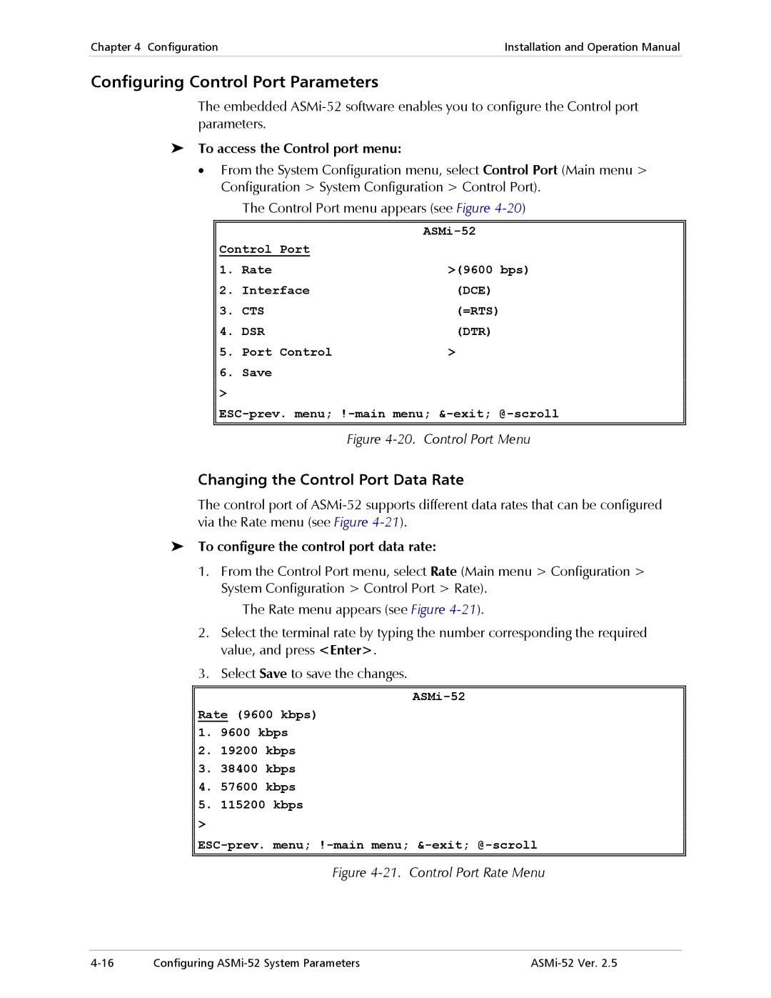 RAD Data comm ASMi-52 manual Configuring Control Port Parameters, Changing the Control Port Data Rate 