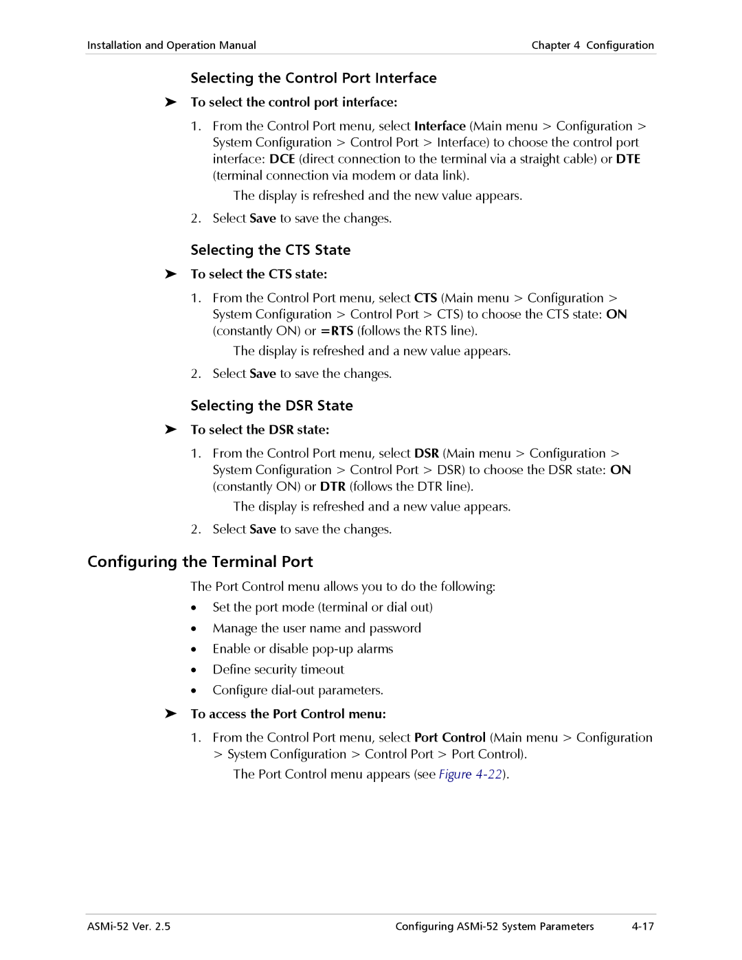 RAD Data comm ASMi-52 manual Configuring the Terminal Port, Selecting the Control Port Interface, Selecting the CTS State 