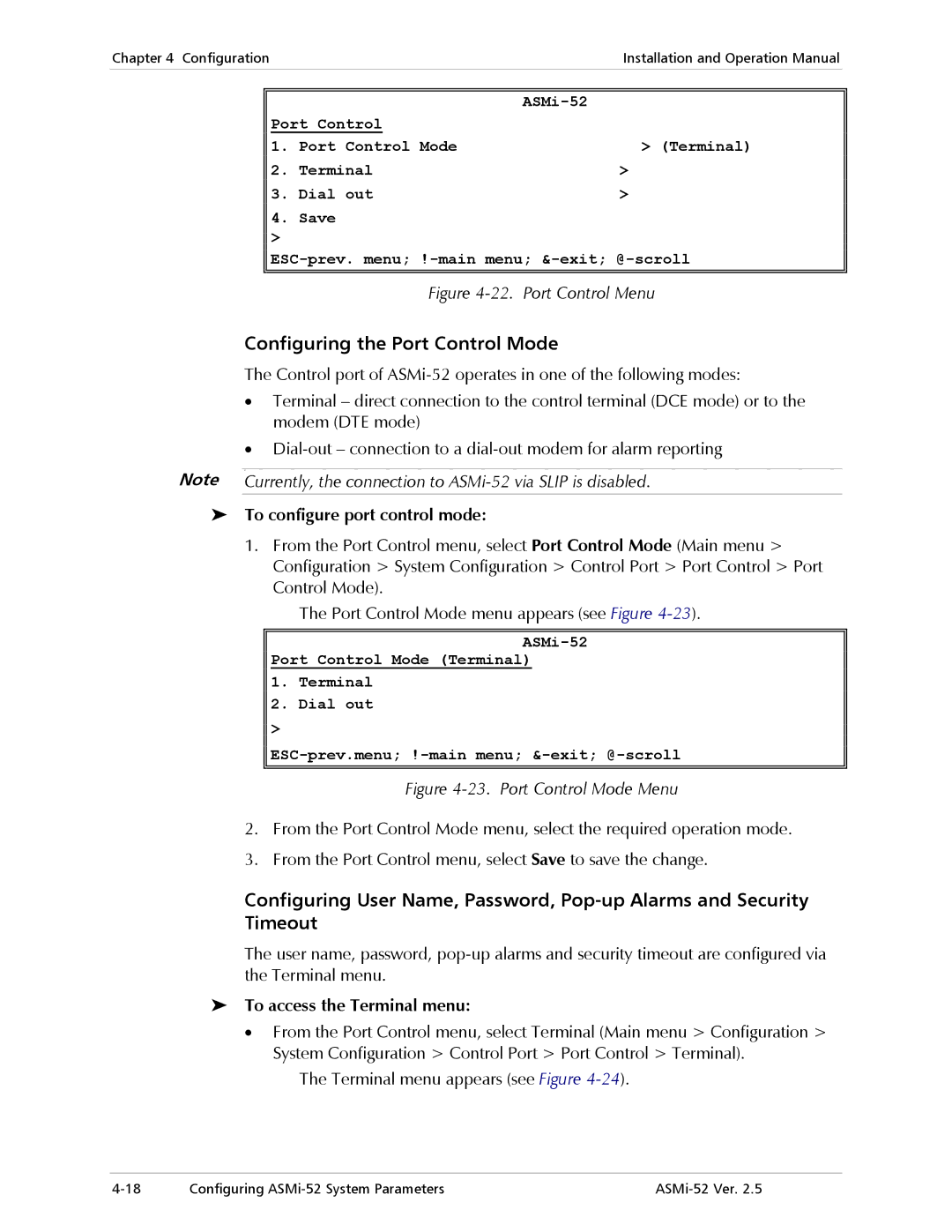 RAD Data comm manual Configuring the Port Control Mode, Currently, the connection to ASMi-52 via Slip is disabled 