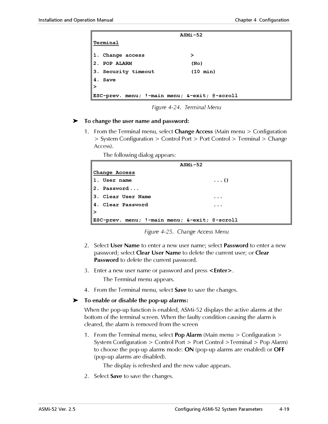 RAD Data comm ASMi-52 manual To change the user name and password, To enable or disable the pop-up alarms 