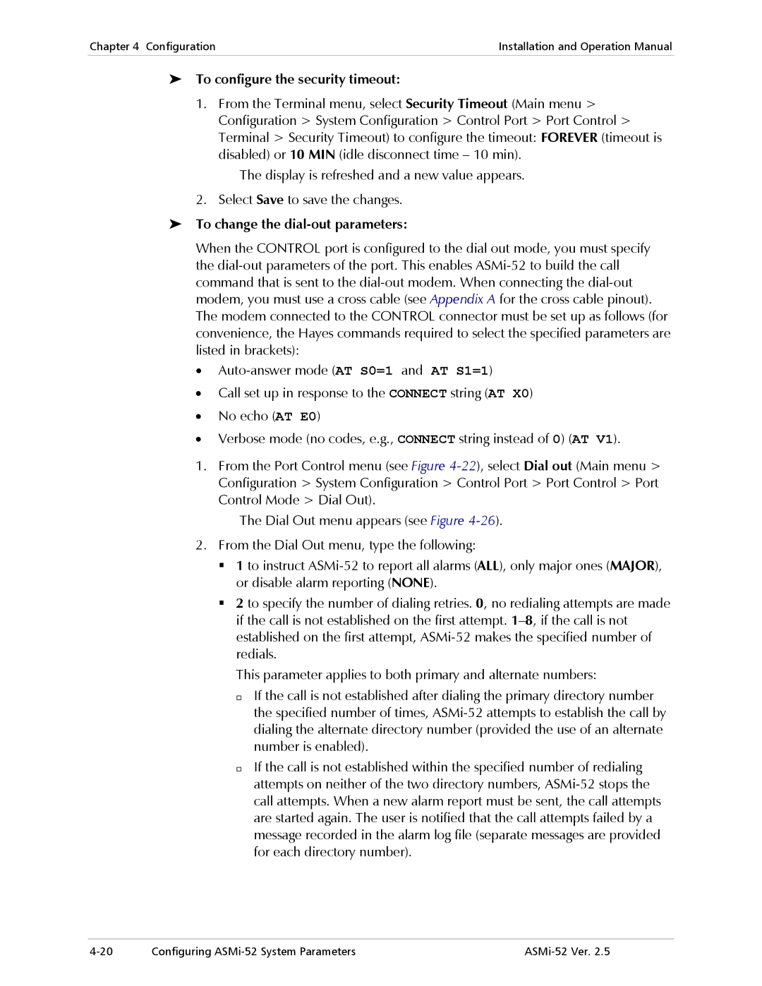 RAD Data comm ASMi-52 manual To configure the security timeout, To change the dial-out parameters 