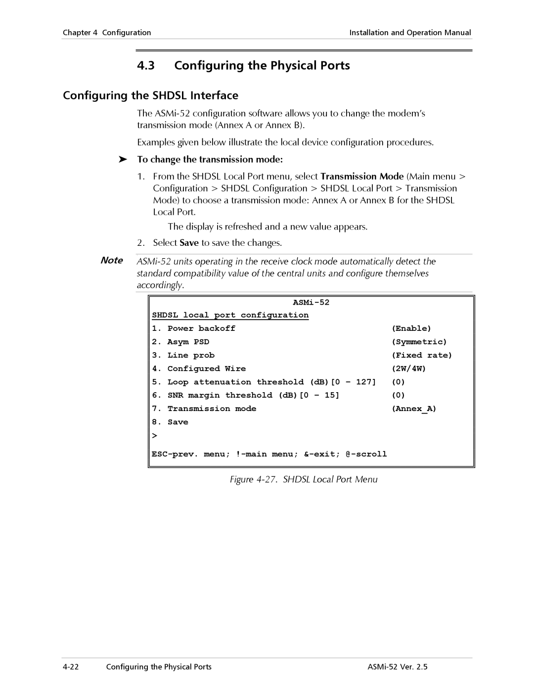 RAD Data comm ASMi-52 manual Configuring the Physical Ports, To change the transmission mode 