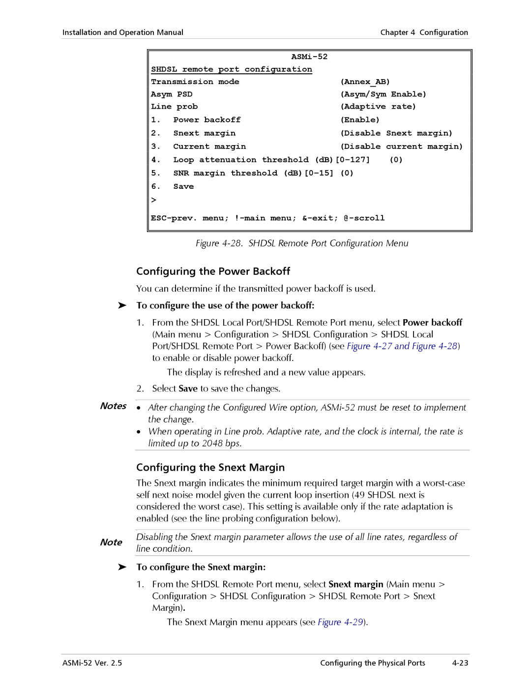 RAD Data comm ASMi-52 manual Configuring the Power Backoff, Configuring the Snext Margin, To configure the Snext margin 