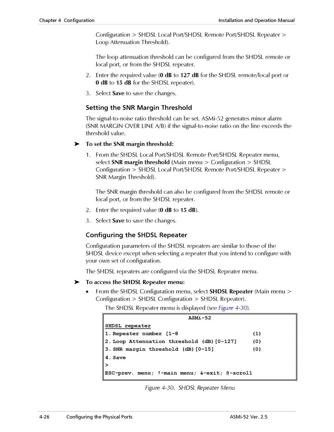 RAD Data comm ASMi-52 Setting the SNR Margin Threshold, Configuring the Shdsl Repeater, To set the SNR margin threshold 