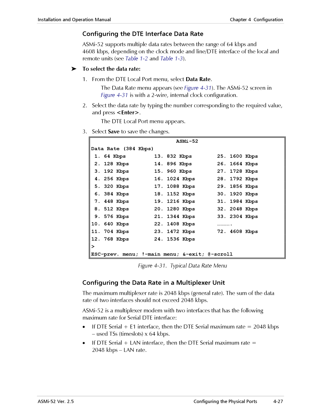 RAD Data comm ASMi-52 manual Configuring the DTE Interface Data Rate, Configuring the Data Rate in a Multiplexer Unit 