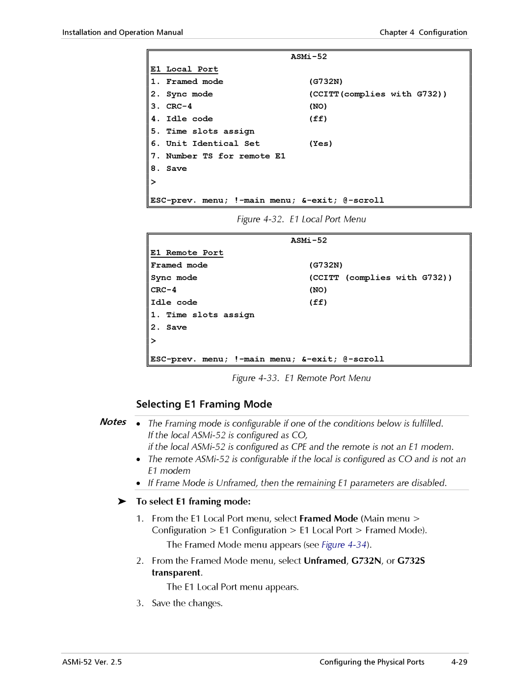 RAD Data comm ASMi-52 manual Selecting E1 Framing Mode, To select E1 framing mode 