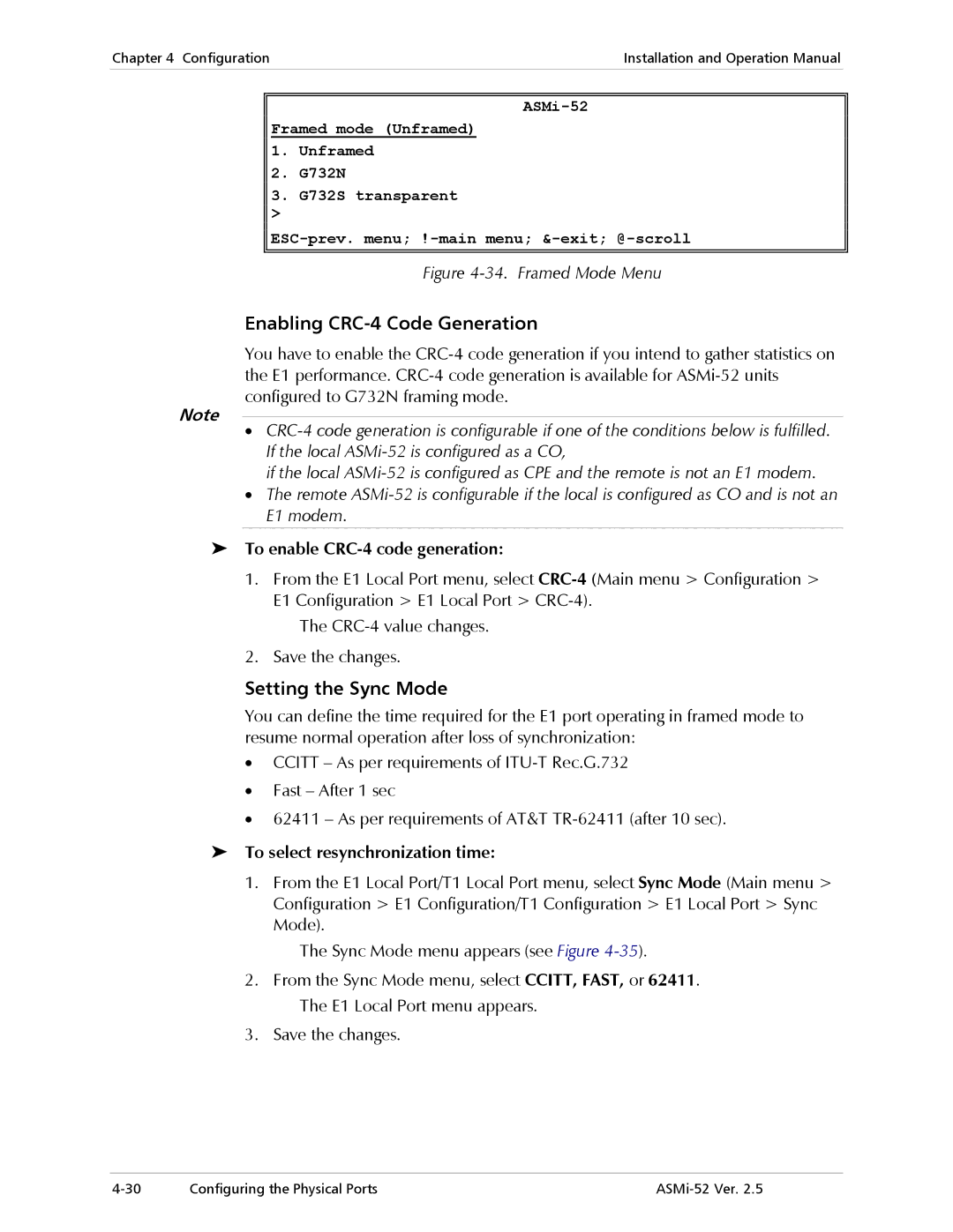 RAD Data comm ASMi-52 manual Enabling CRC-4 Code Generation, Setting the Sync Mode, To enable CRC-4 code generation 