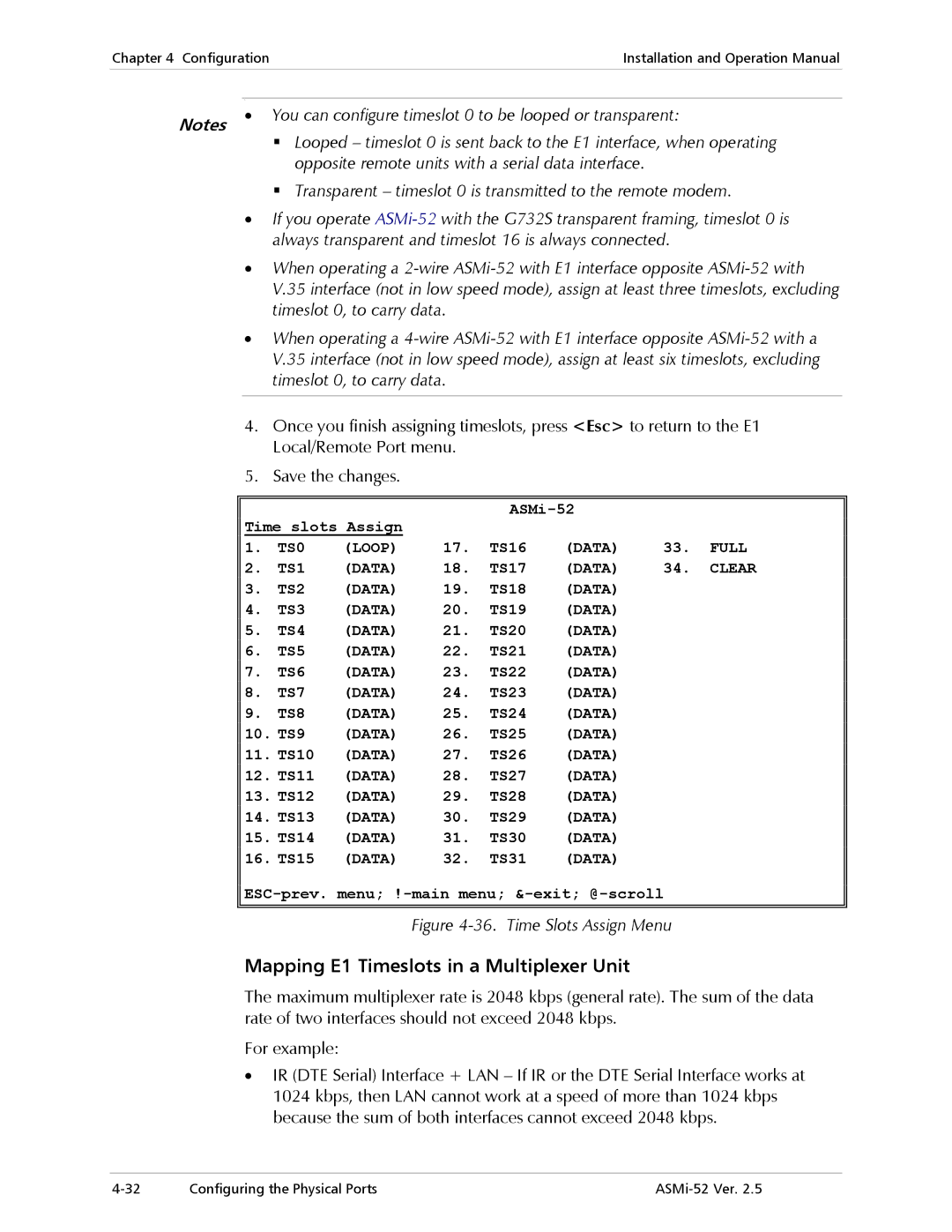 RAD Data comm ASMi-52 Mapping E1 Timeslots in a Multiplexer Unit, You can configure timeslot 0 to be looped or transparent 