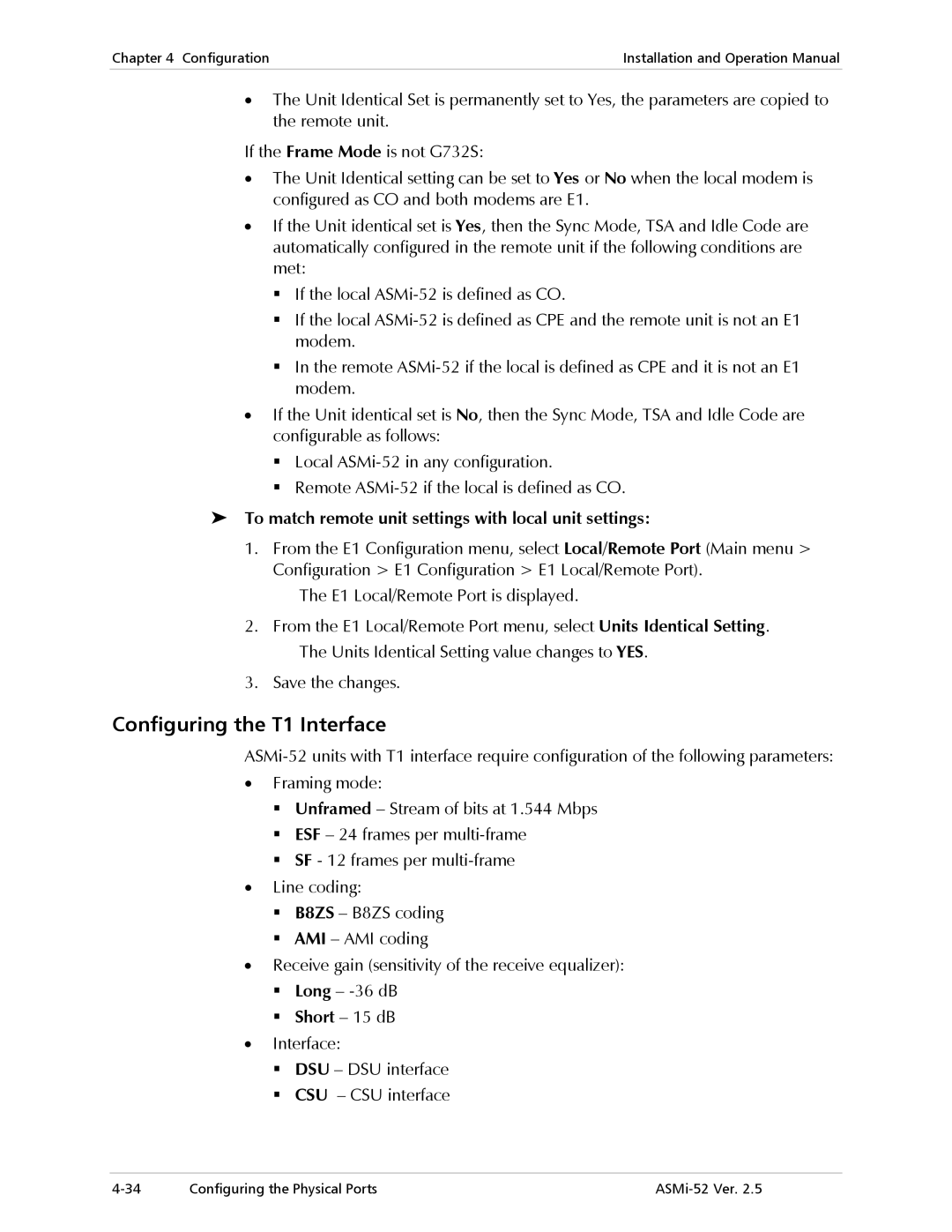 RAD Data comm ASMi-52 manual Configuring the T1 Interface, To match remote unit settings with local unit settings 