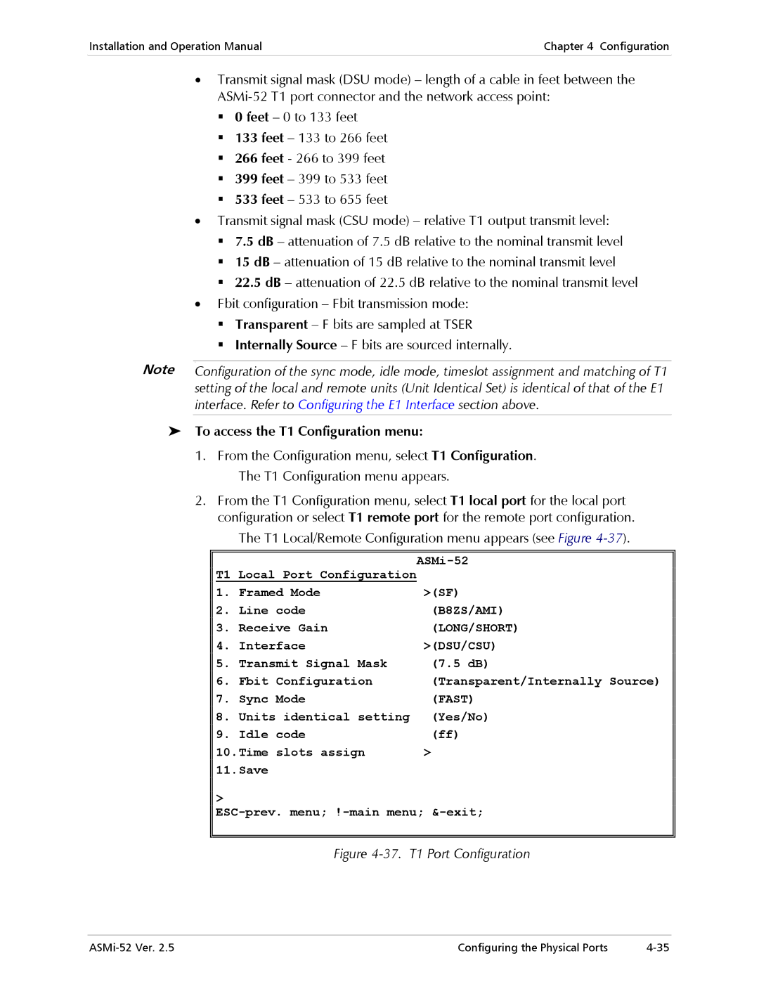 RAD Data comm ASMi-52 manual To access the T1 Configuration menu, 37. T1 Port Configuration 