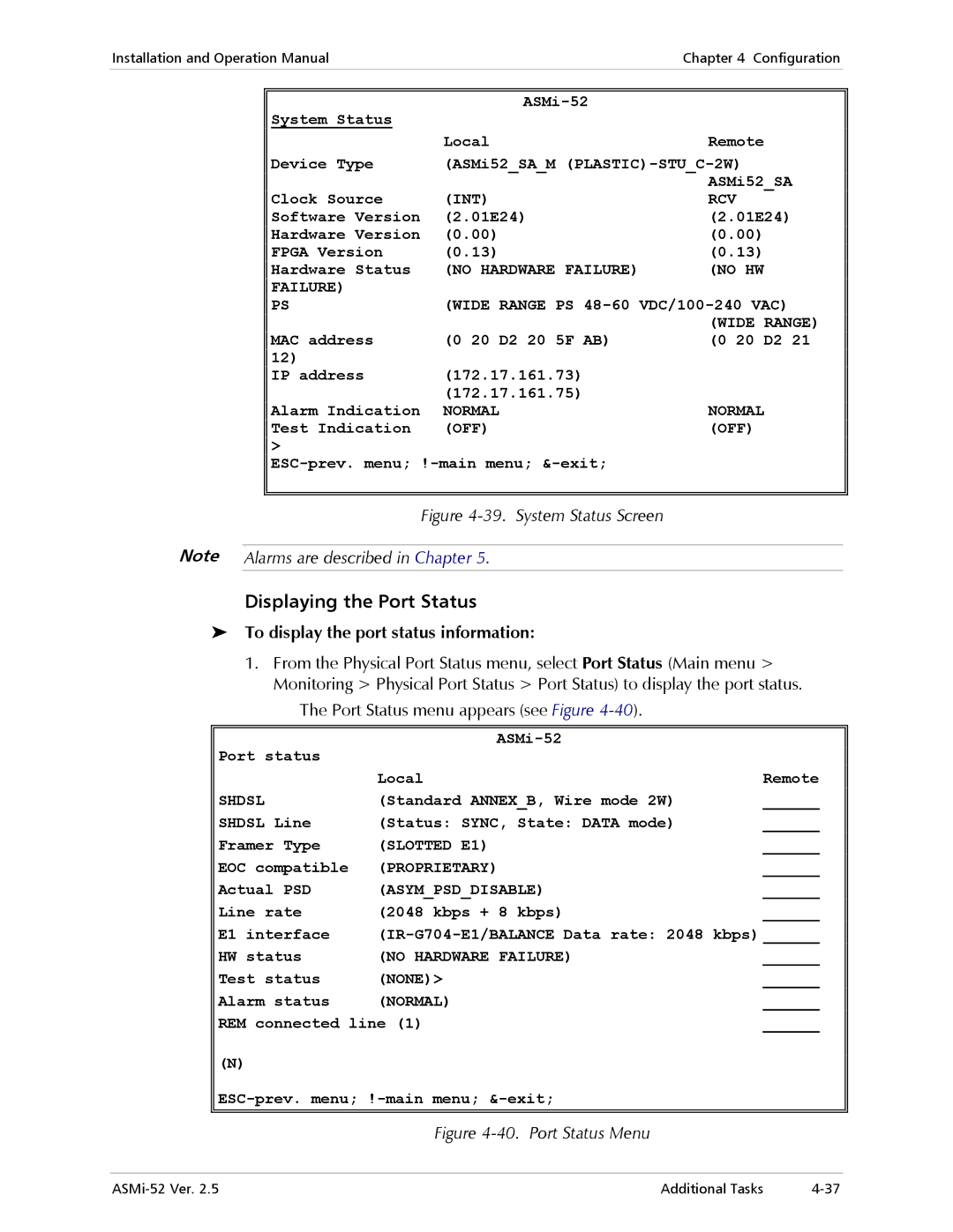 RAD Data comm ASMi-52 Displaying the Port Status, Alarms are described in Chapter, To display the port status information 