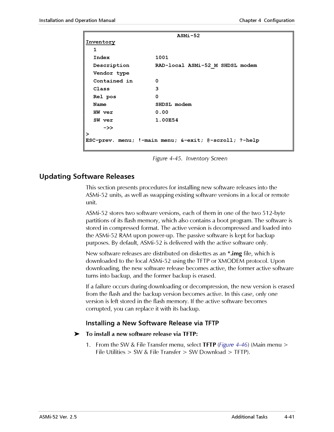 RAD Data comm ASMi-52 manual Updating Software Releases, Installing a New Software Release via Tftp 