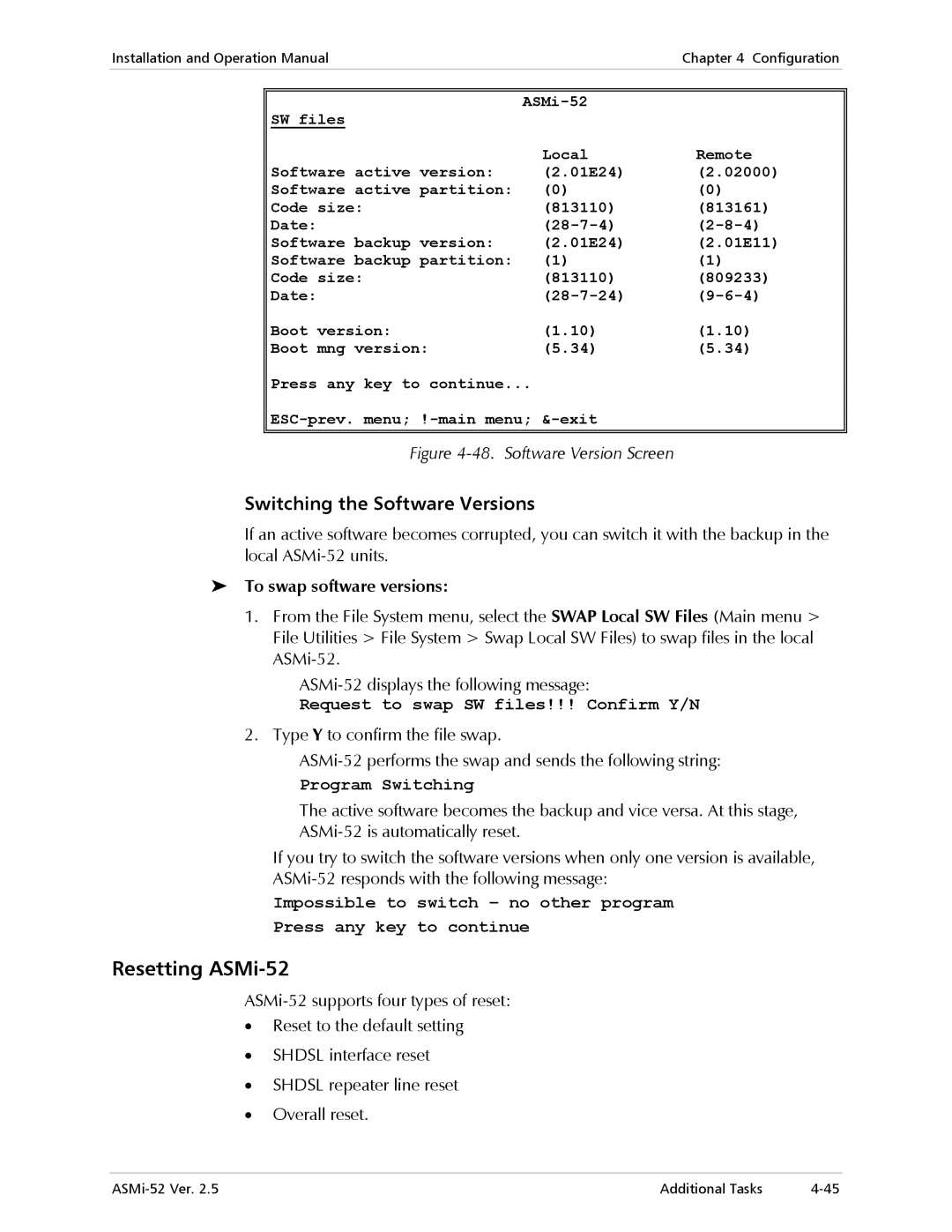 RAD Data comm manual Resetting ASMi-52, Switching the Software Versions, To swap software versions 