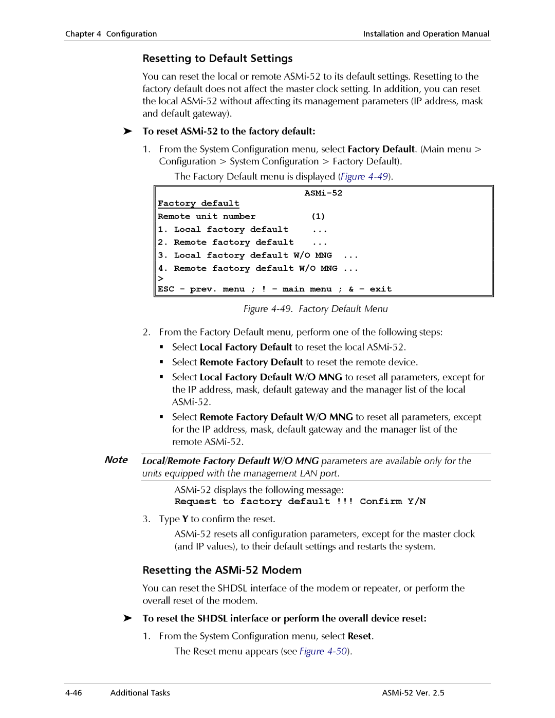 RAD Data comm manual Resetting to Default Settings, Resetting the ASMi-52 Modem, To reset ASMi-52 to the factory default 