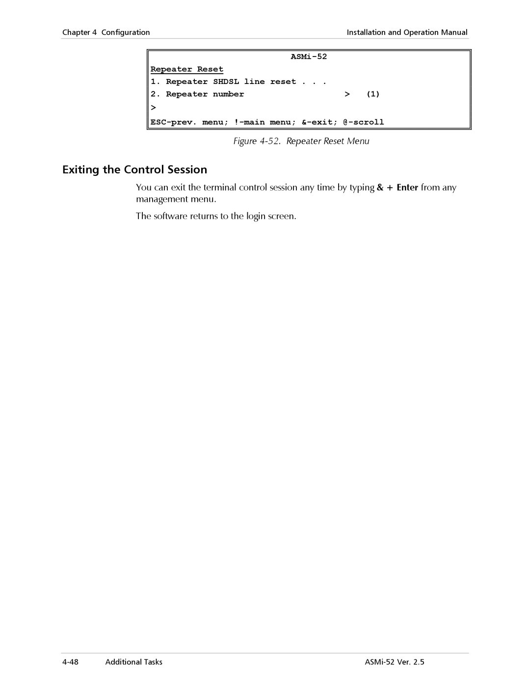 RAD Data comm ASMi-52 manual Exiting the Control Session, Repeater Reset Menu 