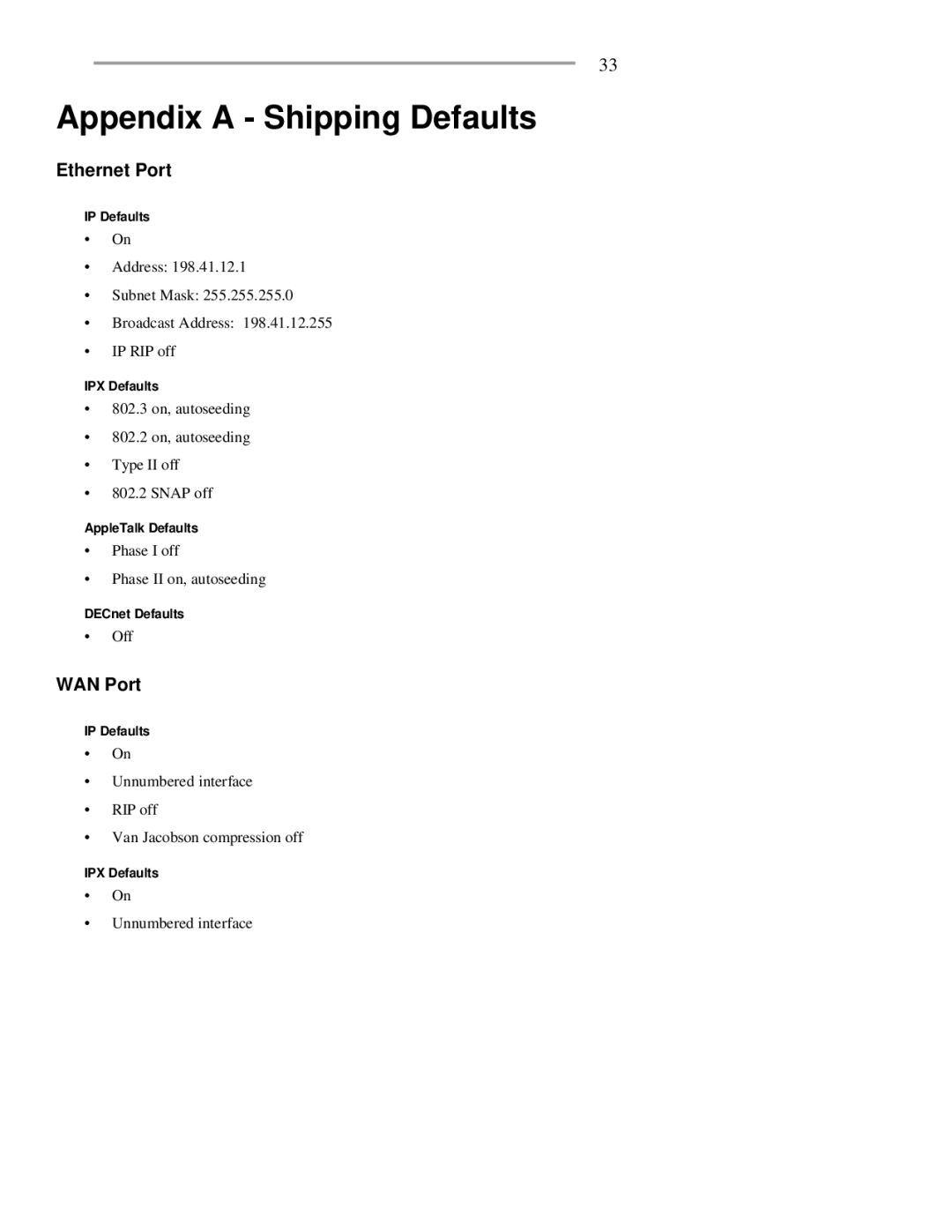 RAD Data comm BR-ASX01, BR-ASI01 manual Appendix a Shipping Defaults, Ethernet Port, WAN Port 