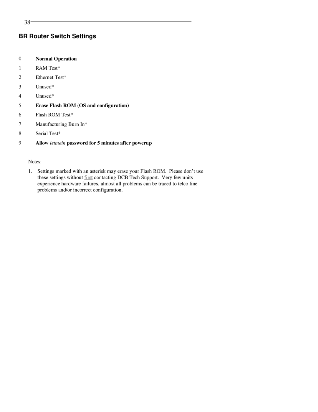 RAD Data comm BR-ASI01, BR-ASX01 manual BR Router Switch Settings, Allow letmein password for 5 minutes after powerup 