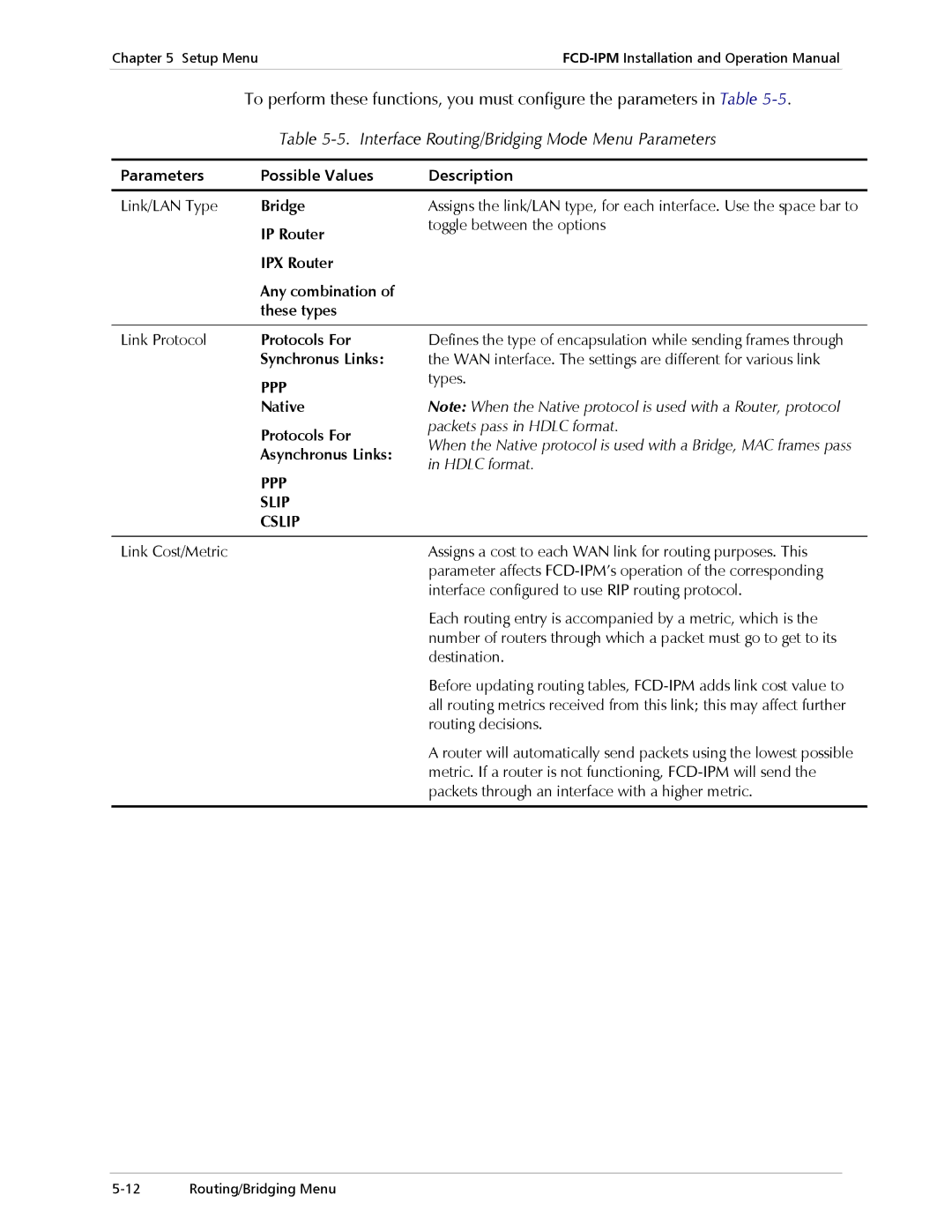 RAD Data comm E1/T1 operation manual Interface Routing/Bridging Mode Menu Parameters, Slip Cslip 