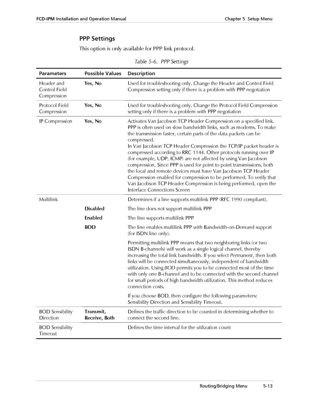 RAD Data comm Modular Access Device with Integrated Router, E1/T1 operation manual PPP Settings, Bod 