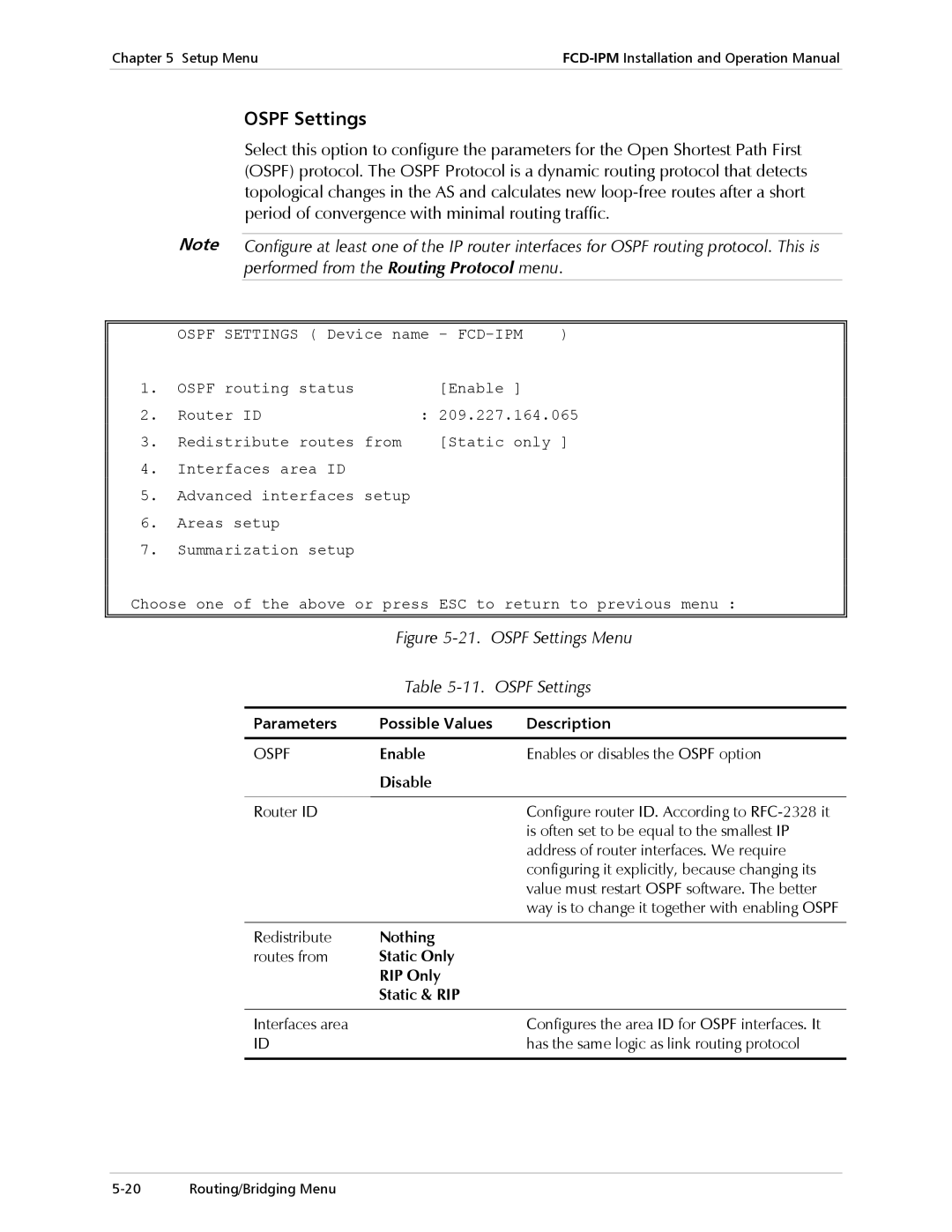 RAD Data comm E1/T1 operation manual Ospf Settings, Fcd-Ipm, Nothing, Static Only RIP Only Static & RIP 