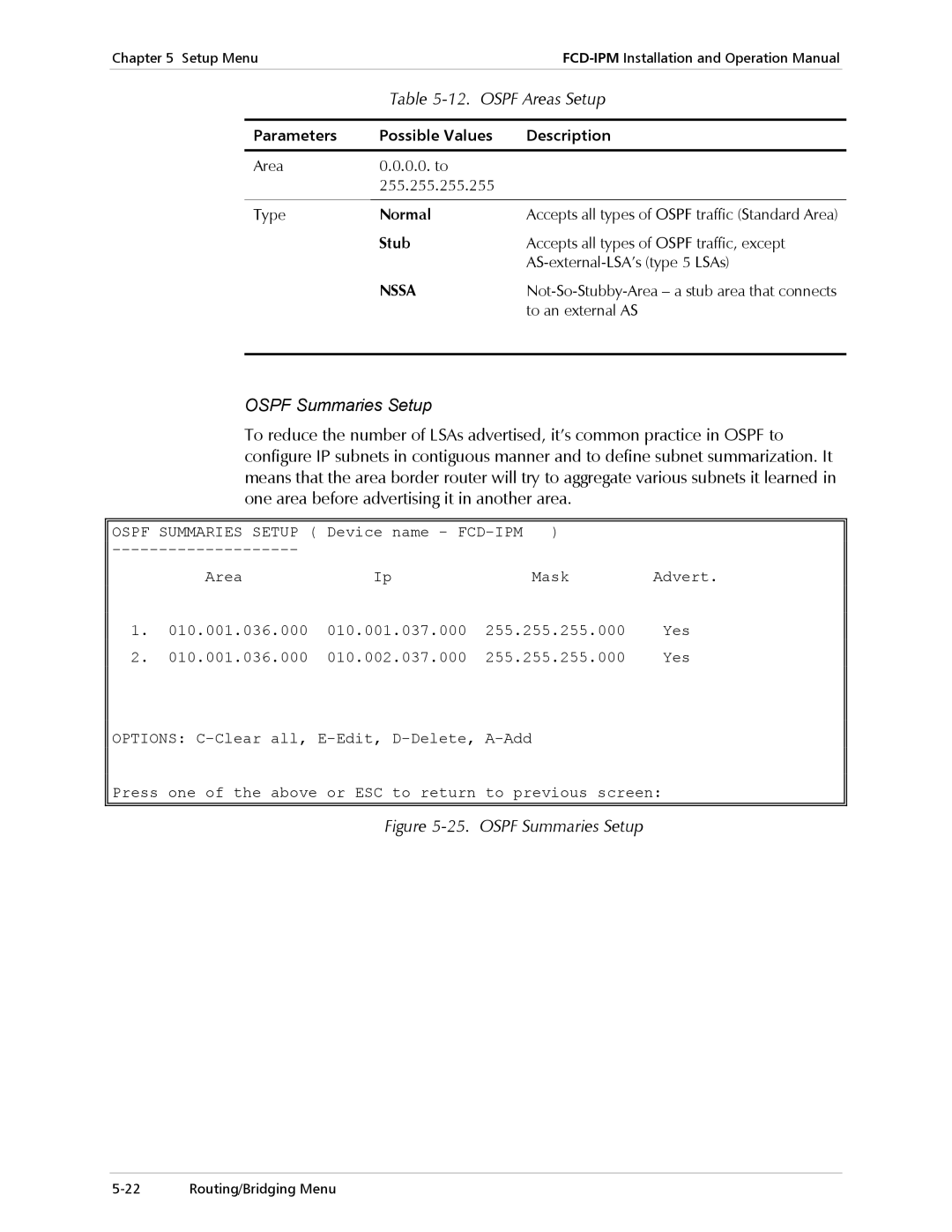 RAD Data comm E1/T1 operation manual Ospf Areas Setup, Ospf Summaries Setup, Normal, Stub, Nssa 