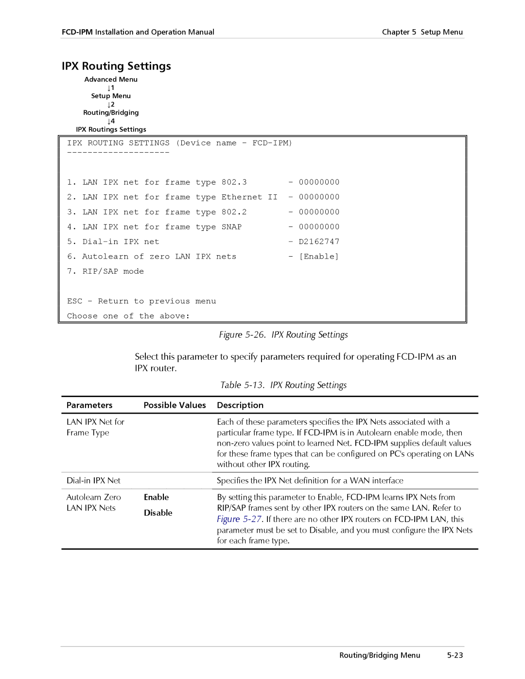 RAD Data comm Modular Access Device with Integrated Router, E1/T1 operation manual IPX Routing Settings, IPX router 