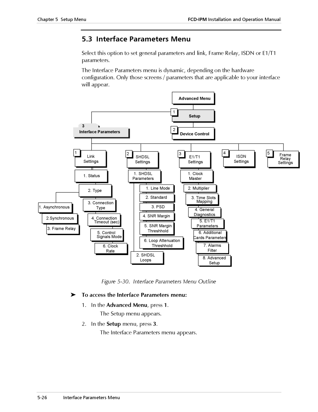 RAD Data comm E1/T1 operation manual Interface Parameters Menu, To access the Interface Parameters menu 