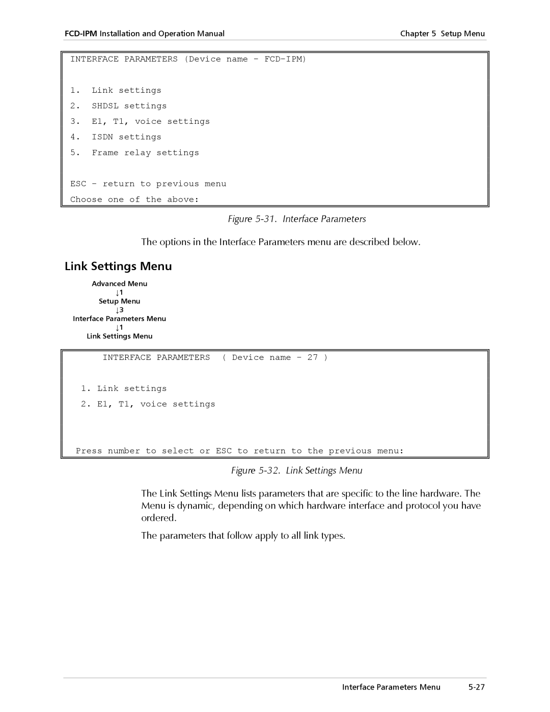 RAD Data comm Modular Access Device with Integrated Router, E1/T1 operation manual Link Settings Menu, Interface Parameters 