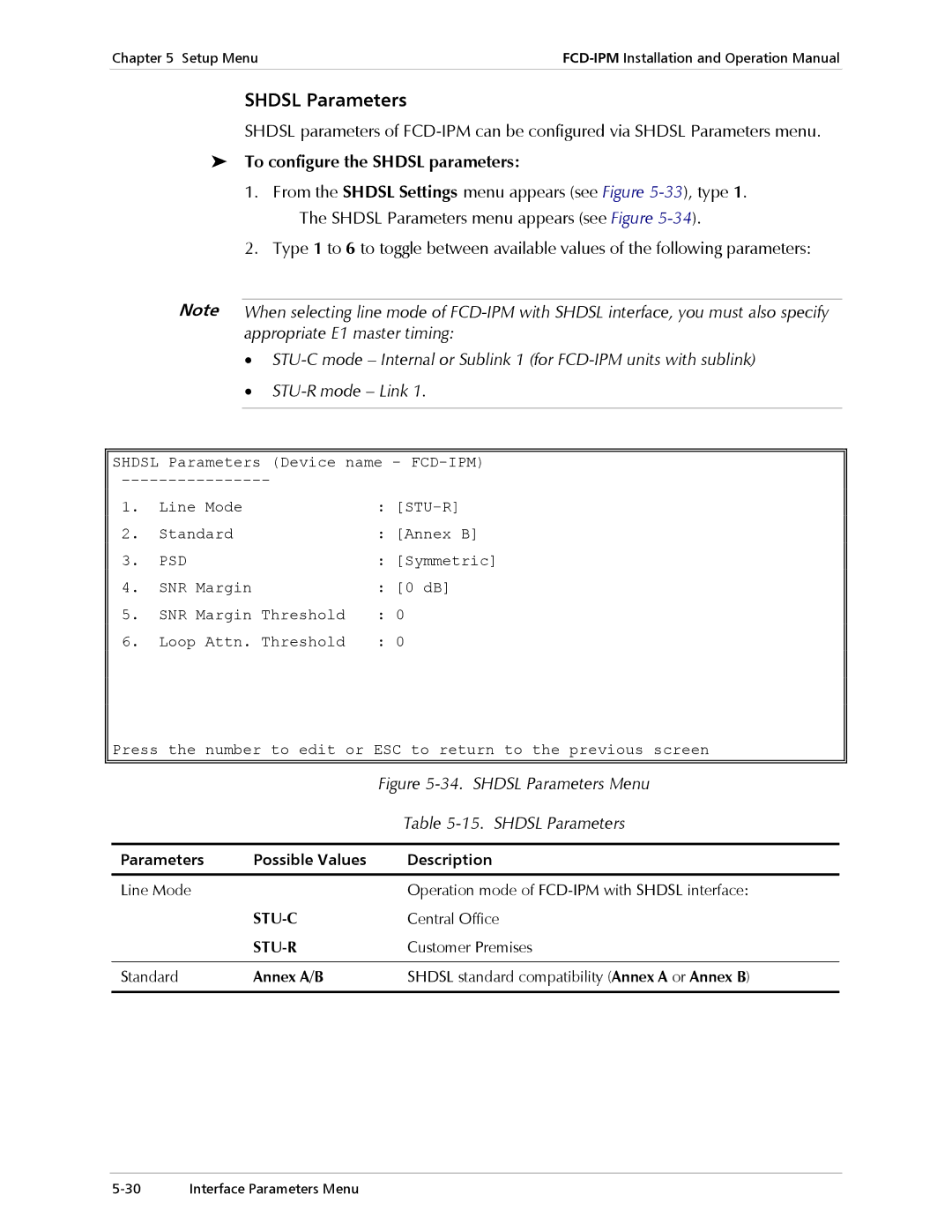 RAD Data comm E1/T1 operation manual Shdsl Parameters, To configure the Shdsl parameters, Stu-C, Stu-R 