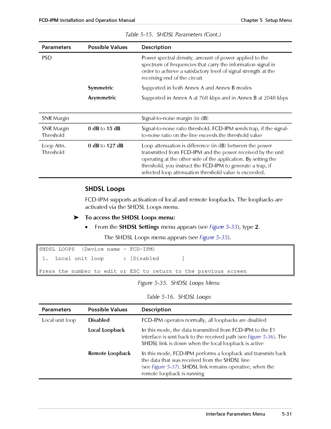 RAD Data comm Modular Access Device with Integrated Router, E1/T1 operation manual To access the Shdsl Loops menu 