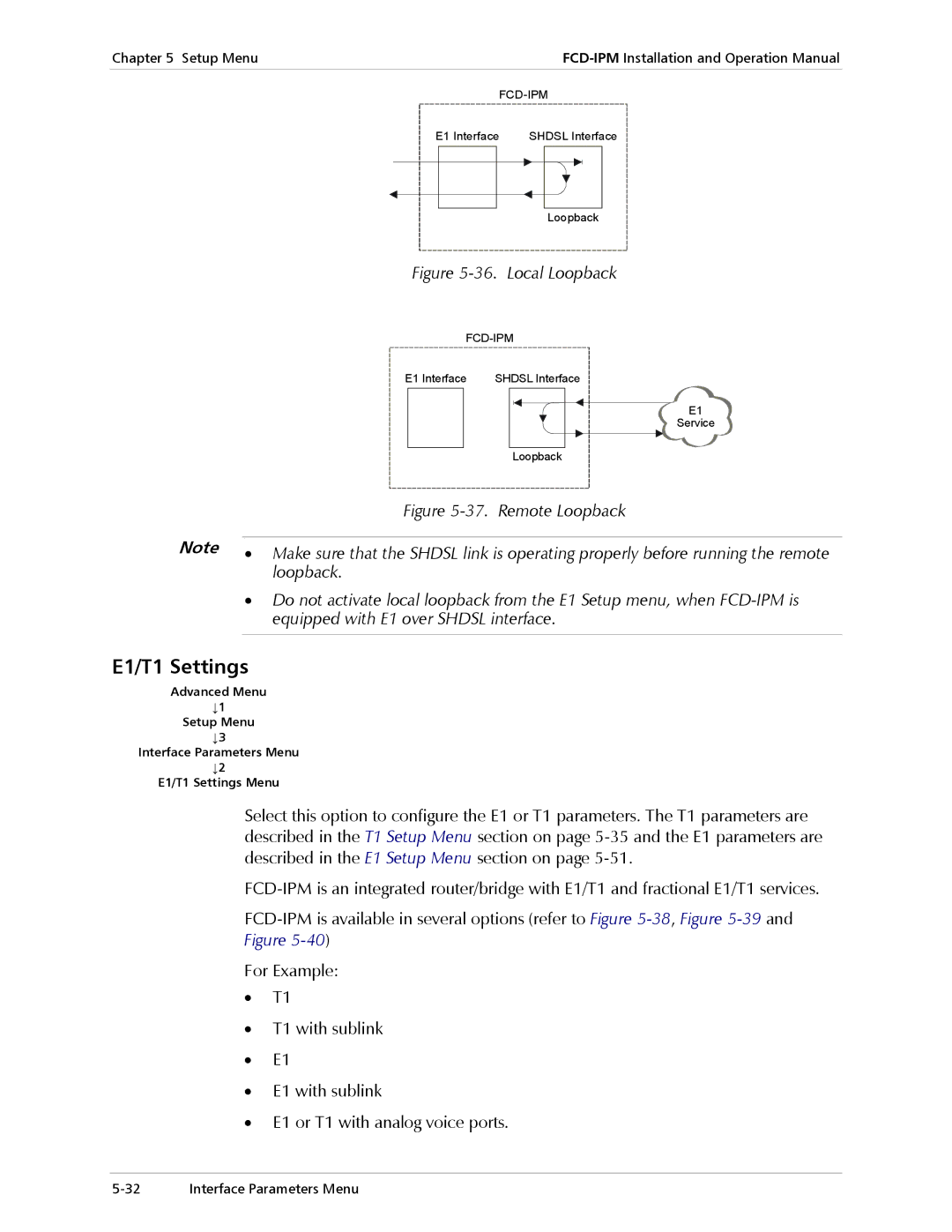 RAD Data comm Modular Access Device with Integrated Router operation manual E1/T1 Settings, Loopback 