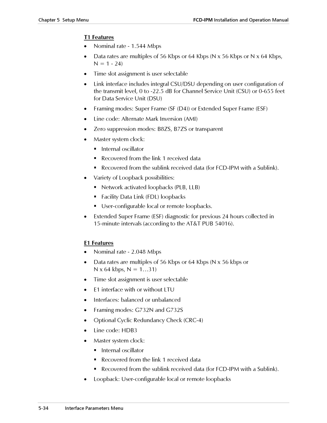 RAD Data comm E1/T1, Modular Access Device with Integrated Router operation manual T1 Features, E1 Features 