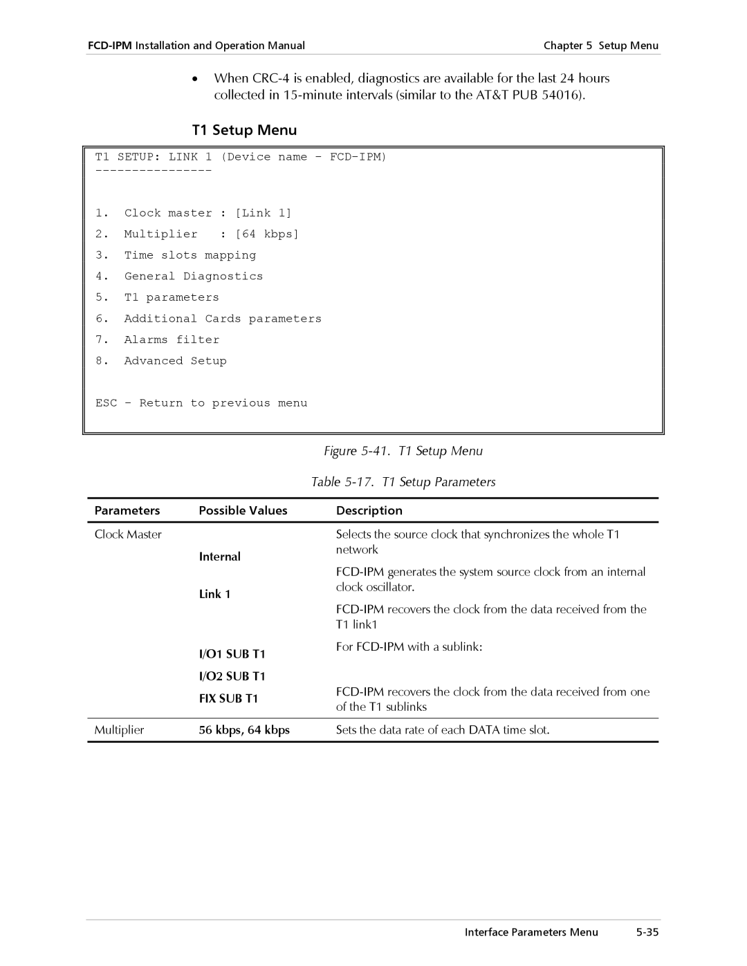 RAD Data comm Modular Access Device with Integrated Router, E1/T1 T1 Setup Menu, 17. T1 Setup Parameters, O1 SUB T1 