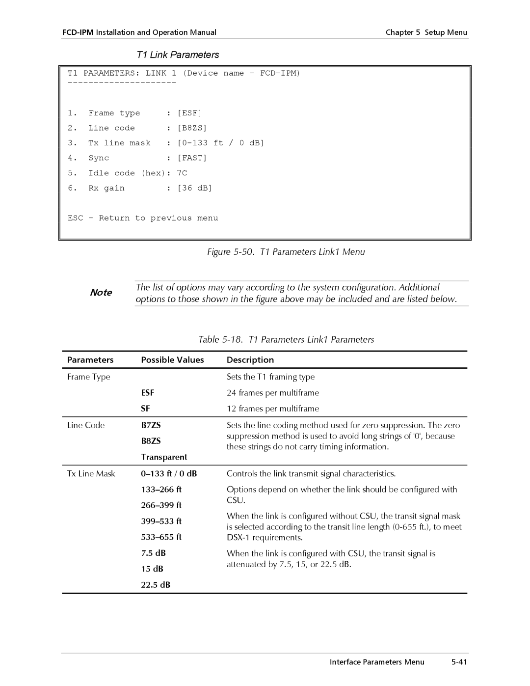 RAD Data comm Modular Access Device with Integrated Router, E1/T1 operation manual T1 Link Parameters, Esf, B7ZS, B8ZS, Csu 