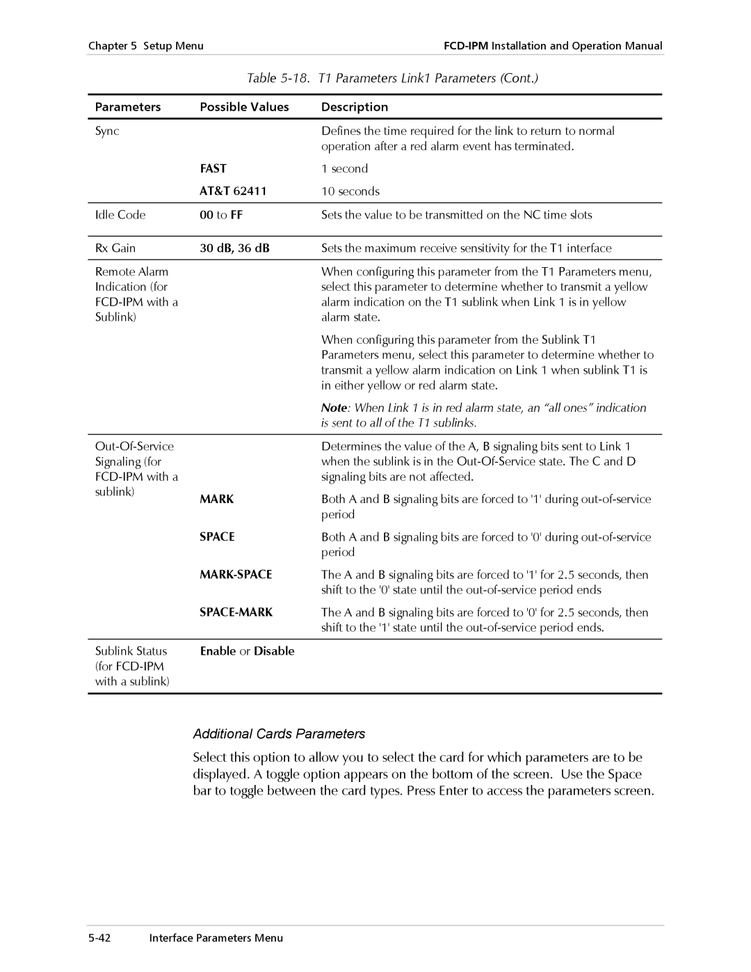 RAD Data comm E1/T1 operation manual T1 Parameters Link1 Parameters, Additional Cards Parameters 