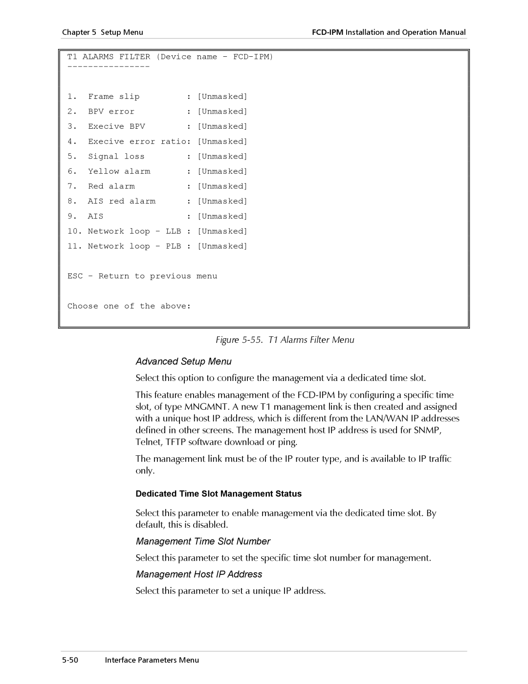 RAD Data comm E1/T1 Management Time Slot Number, Management Host IP Address, Ais, Dedicated Time Slot Management Status 