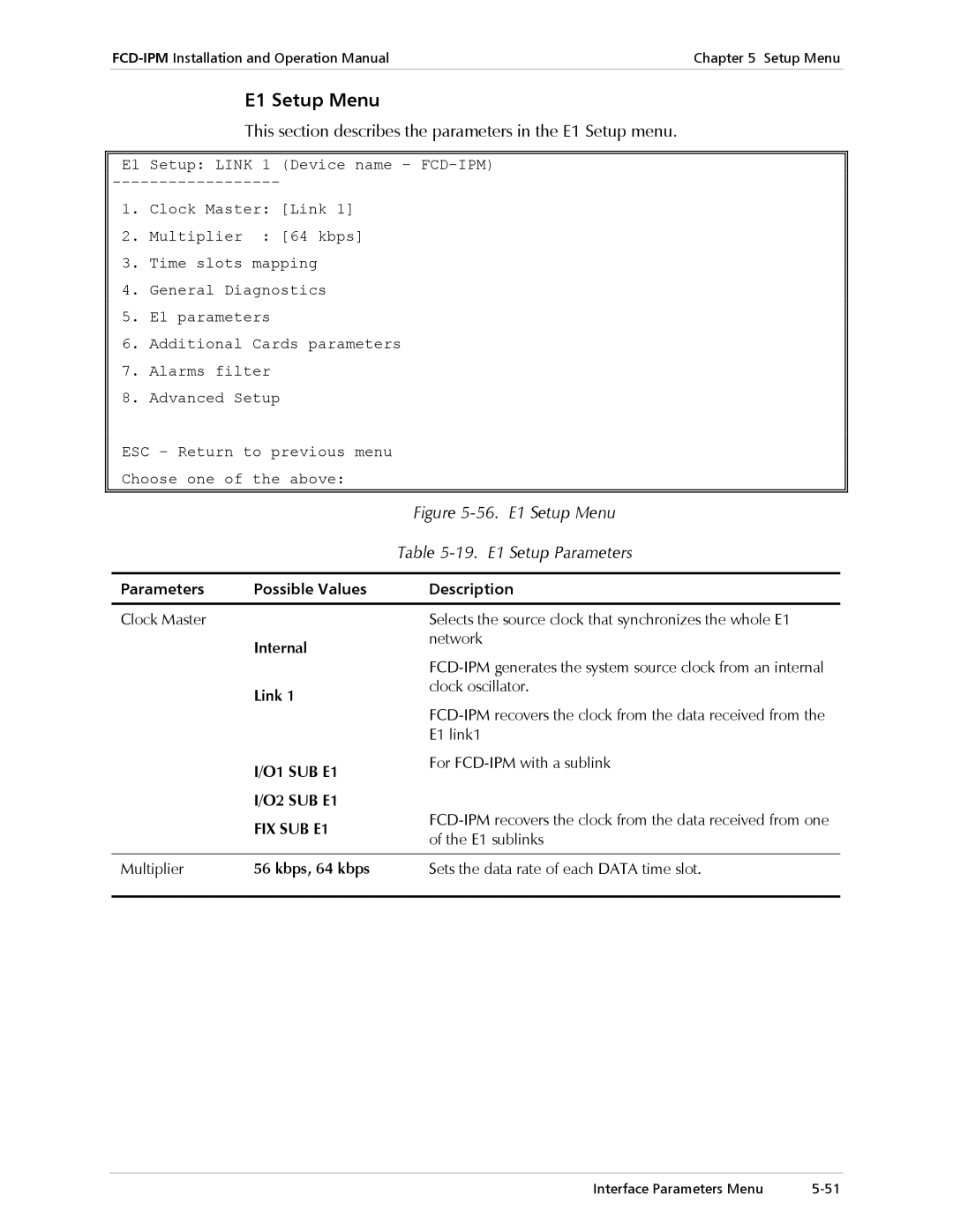 RAD Data comm Modular Access Device with Integrated Router, E1/T1 E1 Setup Menu, 19. E1 Setup Parameters, O1 SUB E1 