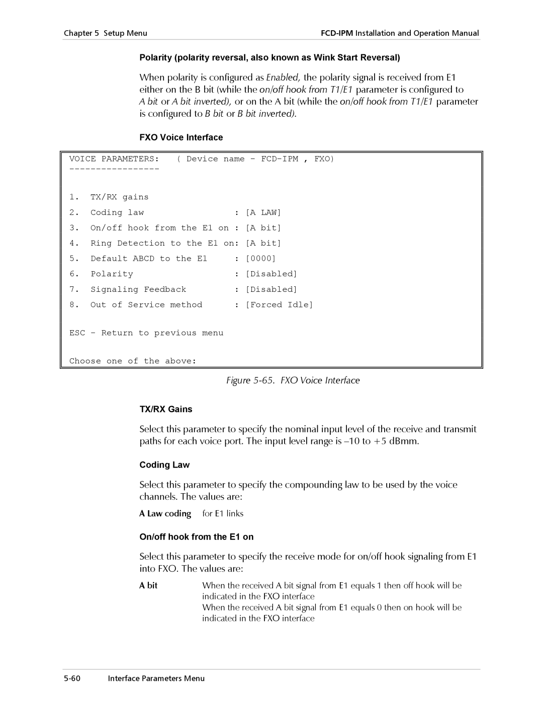 RAD Data comm E1/T1 operation manual FXO Voice Interface, Law coding for E1 links On/off hook from the E1 on 