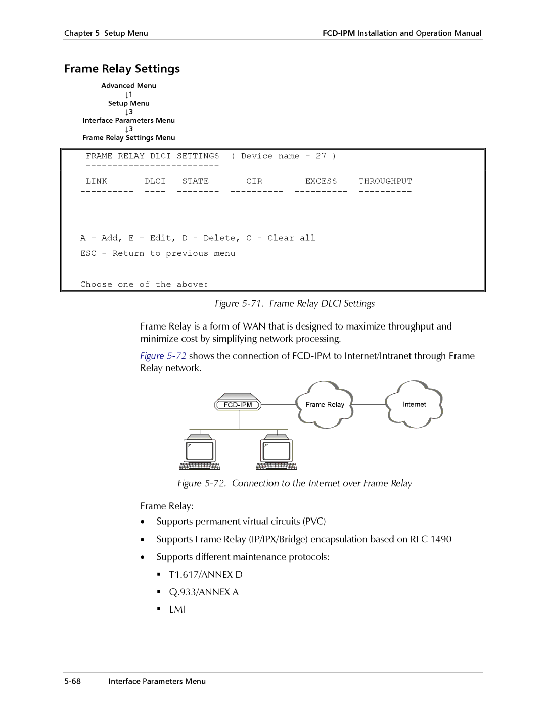 RAD Data comm E1/T1 operation manual Frame Relay Dlci Settings, Link Dlci State CIR Excess Throughput 