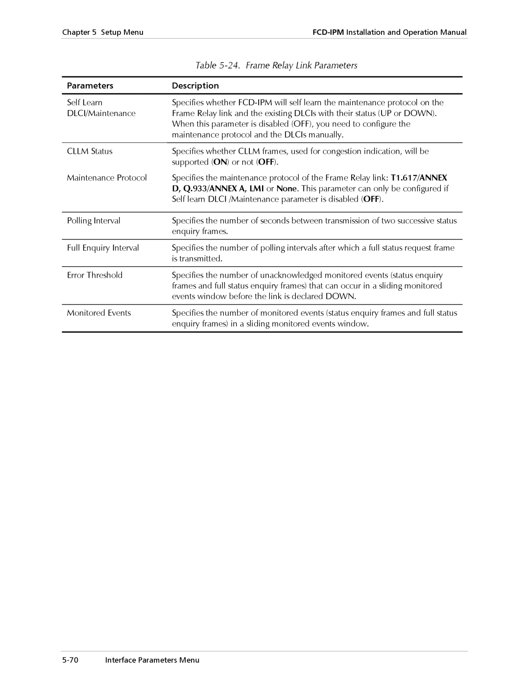 RAD Data comm E1/T1 operation manual Frame Relay Link Parameters, Enquiry frames in a sliding monitored events window 